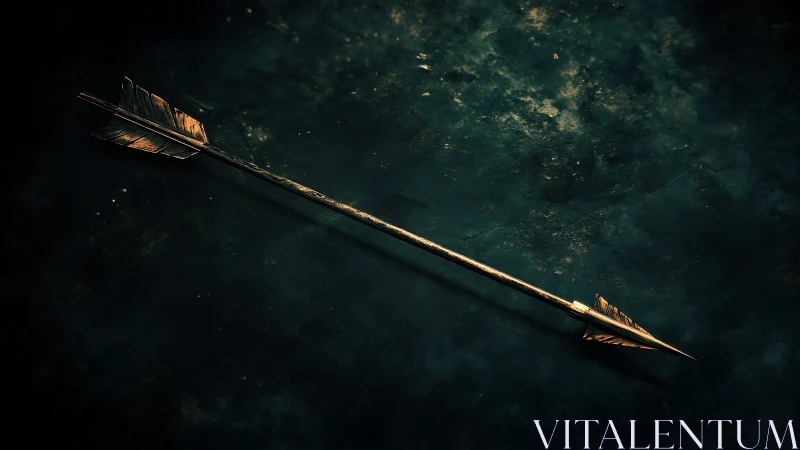 Weathered golden arrow resting in quiet shadowed light.