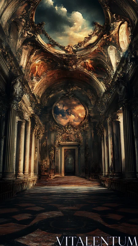 Baroque cathedral hall with celestial dome frescos and dusk light.