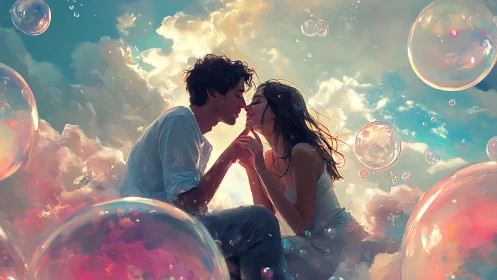 Two figures suspended in stylized cloudscape with iridescent bubble refractions.