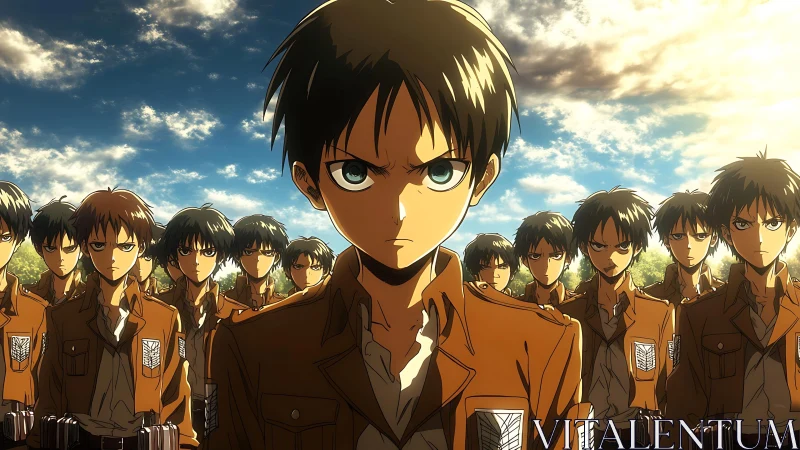 Resolute anime cadets stand united under a dramatic sky