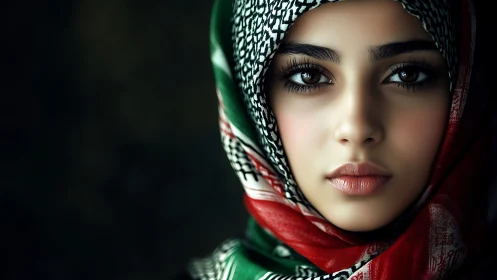 Portrait of Woman in Patterned Hijab, Realistic and Intense Style.