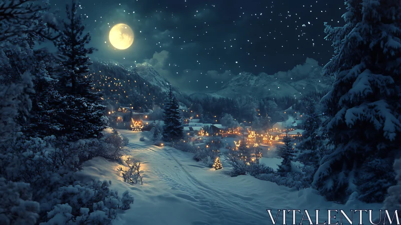 Snowy alpine village under moonlit winter night sky.