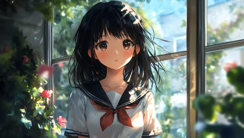 Soft sunlight surrounds a wistful schoolgirl by the window