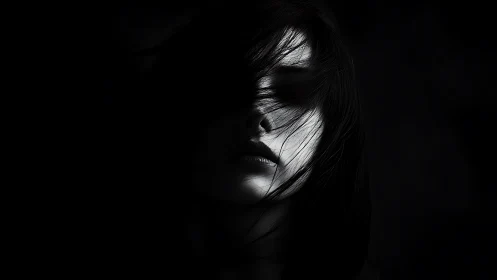 Woman&rsquo;s partially lit face emerges from deep surrounding darkness