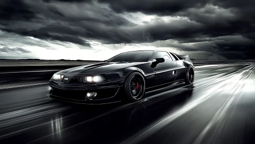 Midnight predator supercar slicing rainlit highway lines.