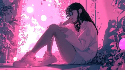 Soft neon daydream rests quietly in a lush pink corner