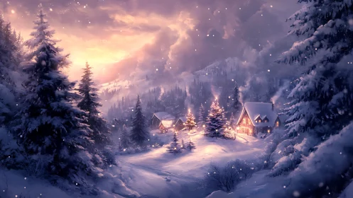 Snow-draped alpine village under luminous winter sunset.
