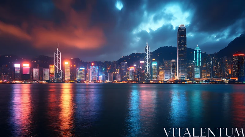 Harbor skyline glows under storm-lit nocturnal clouds.