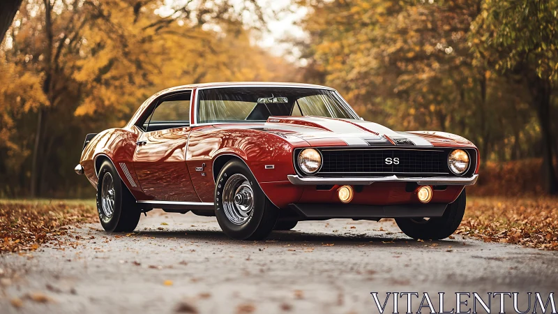 1969 Camaro SS coupe captured in low-angle autumn roadside shot