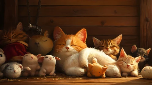 Adorable Kitties and Friends Snuggling Together in a Cozy Barn