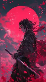 Lone anime swordsman beneath a blazing crimson moon.
