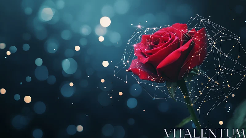 Red rose merges with digital network against teal bokeh glow.