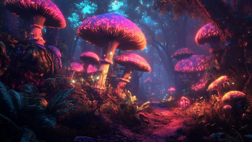 Glowing neon mushrooms in dense fantasy forest at dusk.