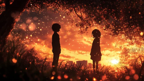 Anime sunset silhouette scene with luminous bokeh canopy.