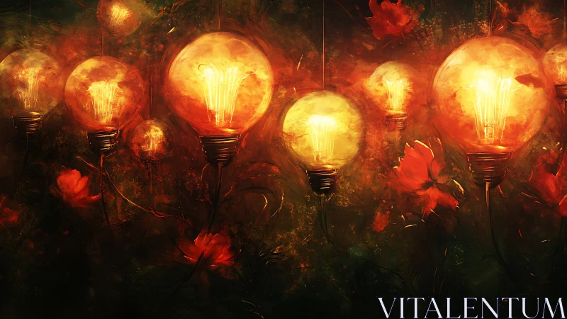 Glowing light bulbs hanging over red flowers in darkness.