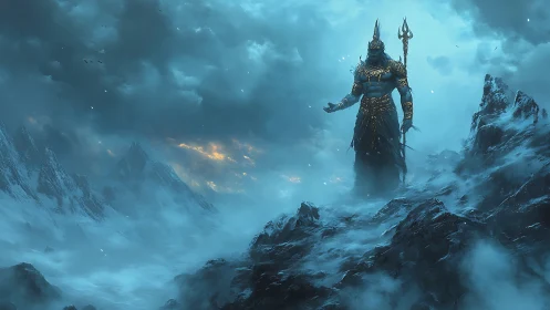 Armored frost deity towers over storm-lashed mountain pass