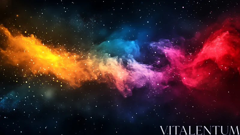 Vibrant multicolor nebula streak glows across deep space.