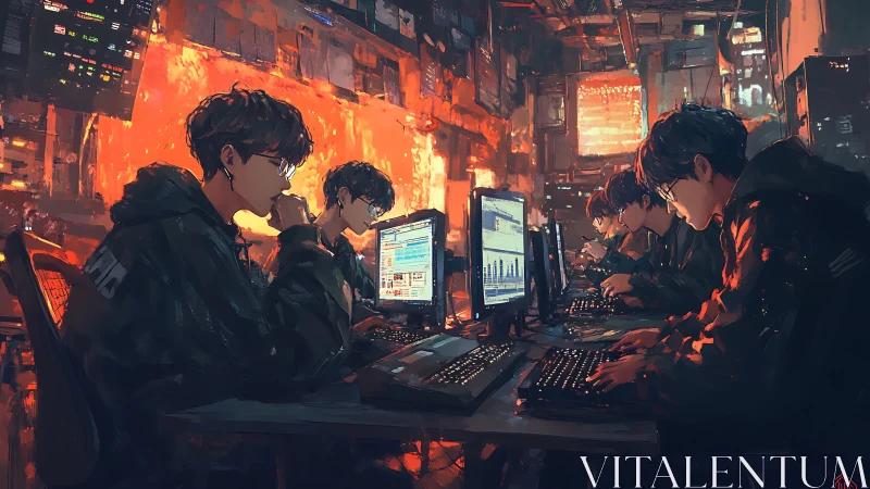 Focused gamers grind ranks in a neon-lit cyber café