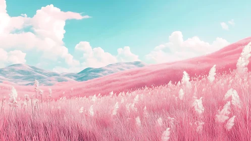 Cotton-candy hills roll beneath a serene turquoise sky.