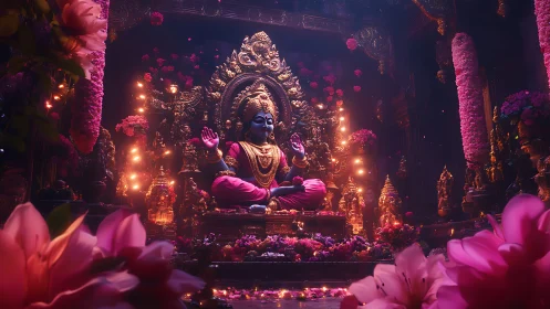 Divine goddess idol glows amid pink floral temple lights.