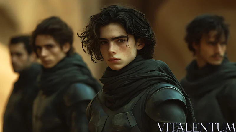 Four cloaked figures stand in shallow depth of field formation