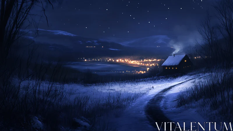 Snowy rural cabin overlooks illuminated lakeside village at night