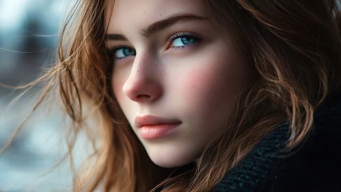 Cinematic close-up portrait with icy blue eyes and soft bokeh.