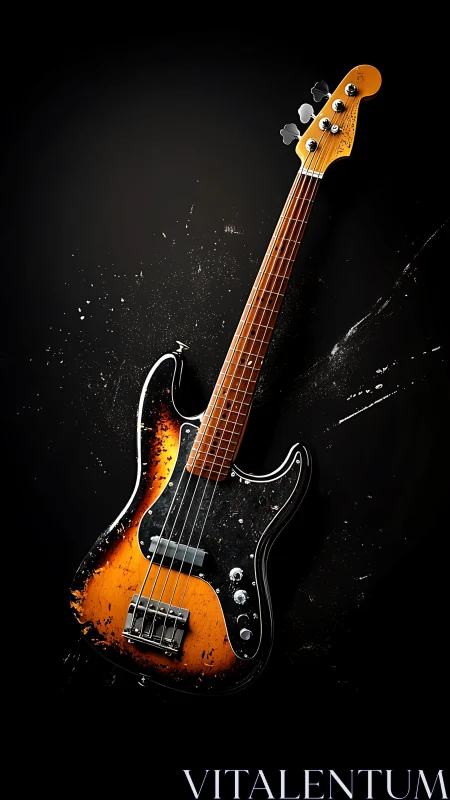 Sunburst electric bass guitar isolated on dark splattered background