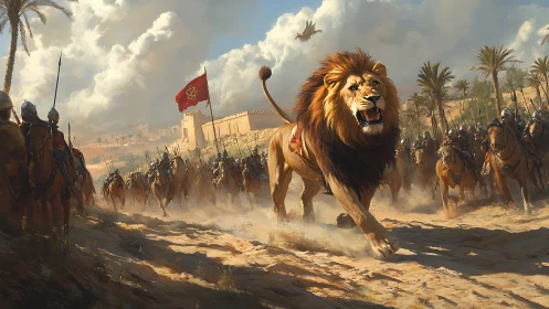 Digital painting of desert cavalry charge led by roaring lion.