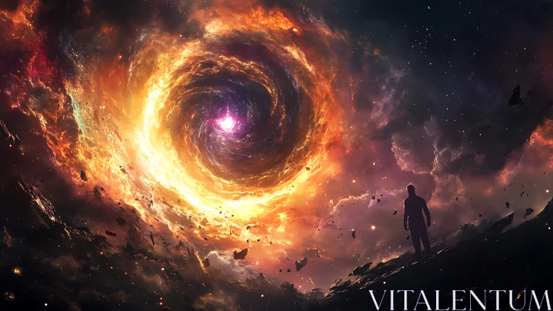 Human silhouette observing vast cosmic vortex in space.