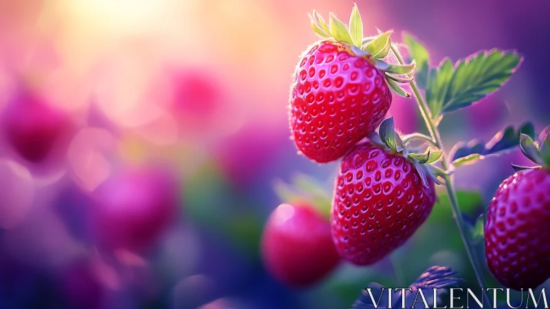 Sunlit strawberries glowing in a dreamy garden haze.