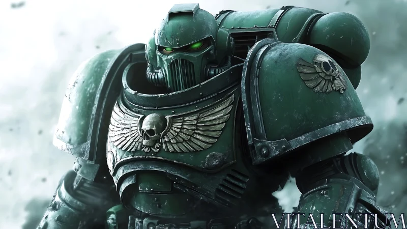 Emerald war-giant strides through storm and steel-gray haze