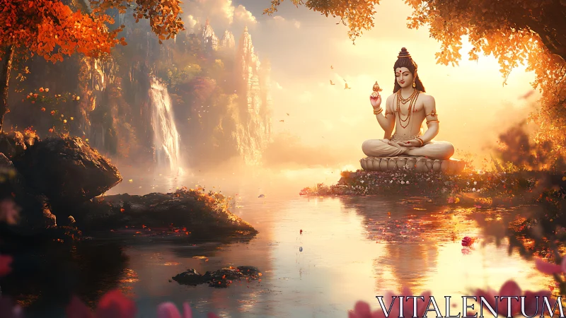 Serene meditating deity statue by river in glowing valley.