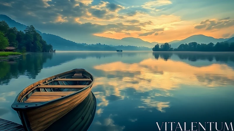 Wooden rowboat rests on calm reflective lake at sunrise