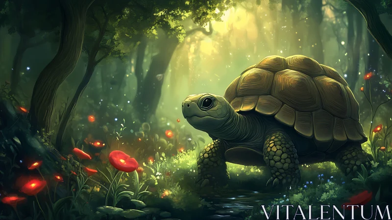 Tortoise in sunlit forest clearing with red wildflowers.