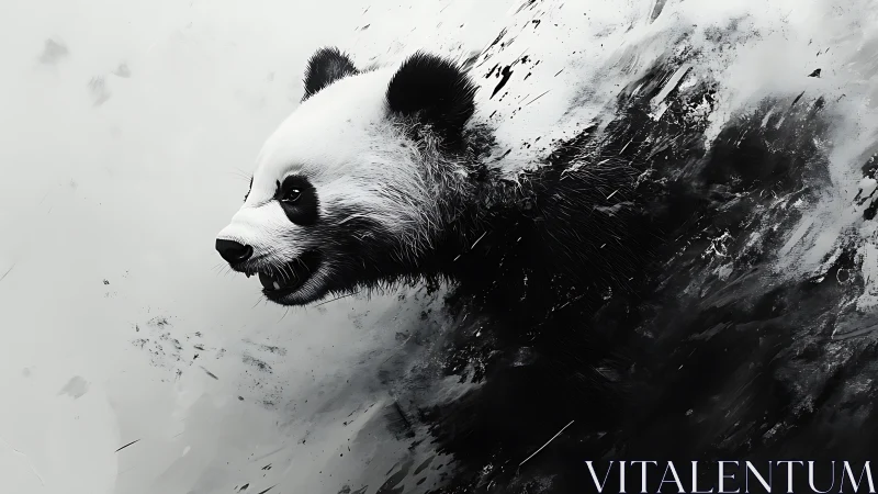 Digital panda portrait dissolving into abstract ink storm.