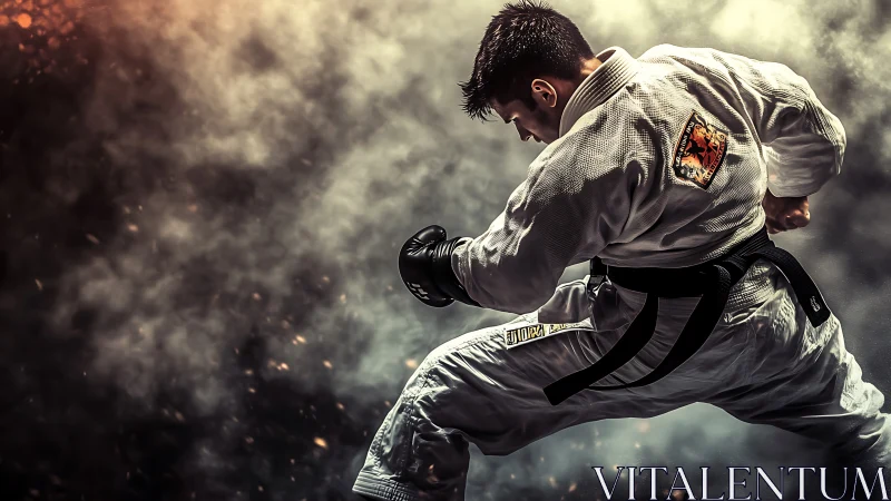Explosive martial artist in midair kick against smoky backdrop.