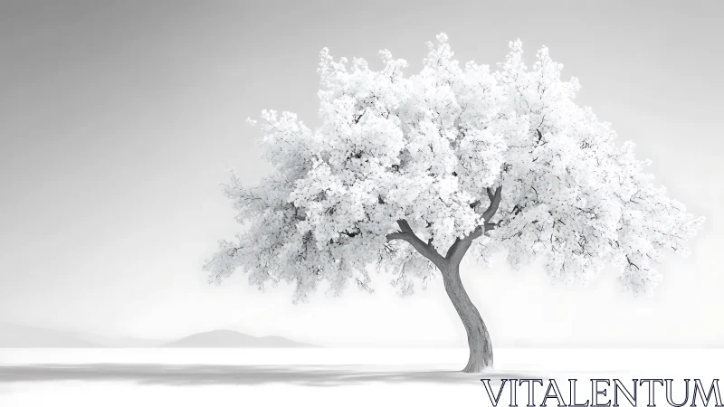 Solitary white tree rendered in minimalist high-key monochrome