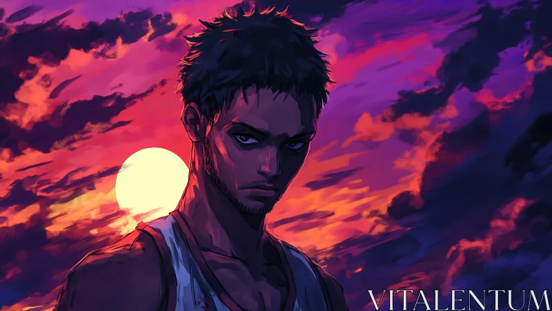 Brooding man stands before saturated purple sunset sky