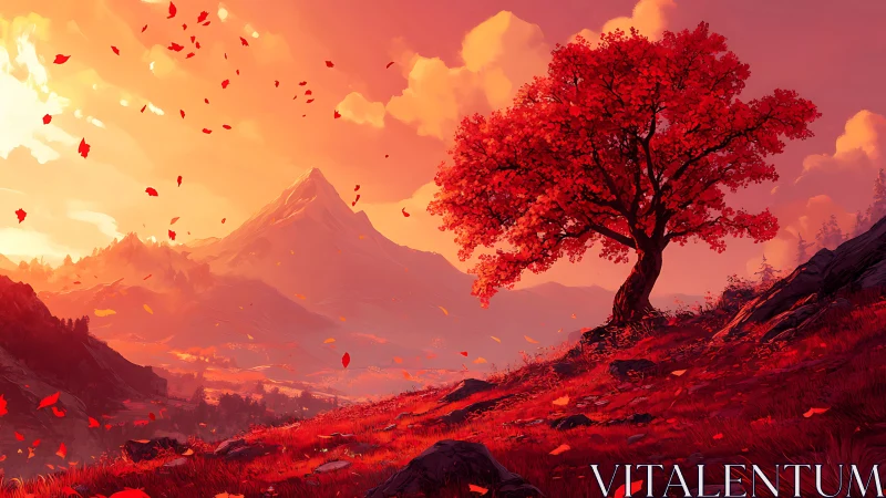 Crimson tree dominates blazing mountain valley sunset.