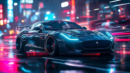 Sleek sports car cuts through neon city street in rain