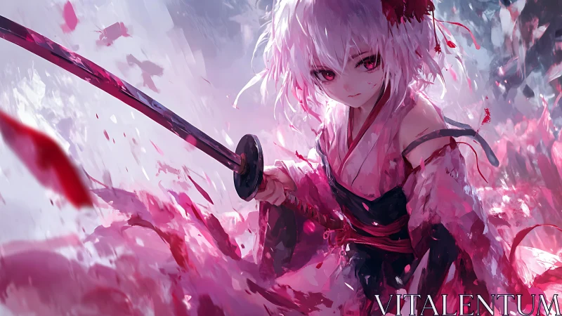Fierce pink haired swordswoman holds her katana with quiet poise