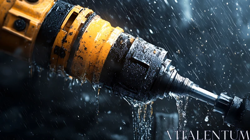 Storm‑drenched industrial drill locked in metallic struggle.