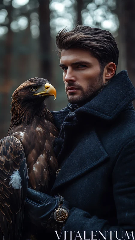 Man in dark coat holding eagle in forest setting at dusk.