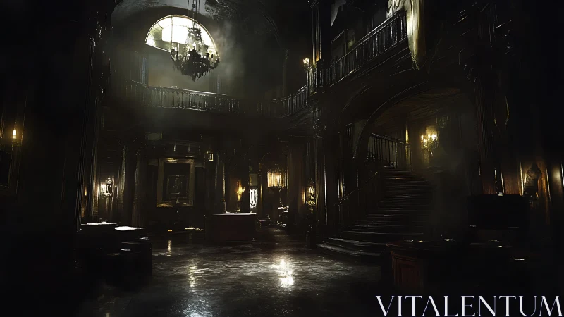 Cinematic baroque hall with volumetric shadows and decay.