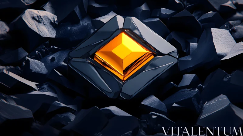 Futuristic glowing yellow crystal set in dark geometric rocks, digital art.