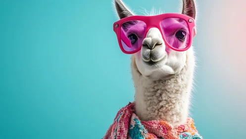 Cool llama in pink sunglasses against bright teal backdrop.