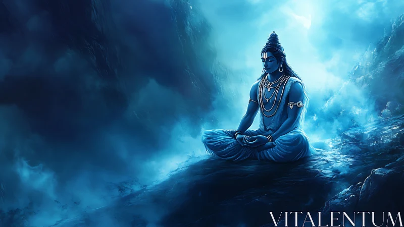 Serene blue deity meditates amid mystical mountain mists