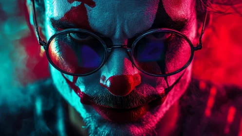 Clown makeup portrait in split red and teal lighting.