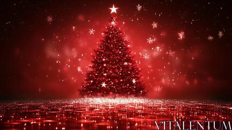 Glowing red Christmas tree wrapped in gentle holiday sparkle.